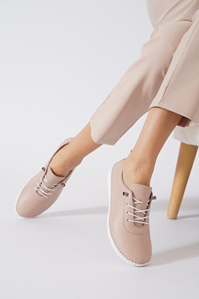 Moda Pie Negade Sole Stitched Γνήσιο Δερμάτινο Γυναικεία Παπούτσια Πούδρα