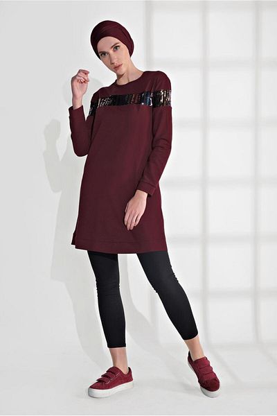 TRENDTESETTÜR Women's Plum Cotton Sequin Detailed Tracksuit Tunic 0302