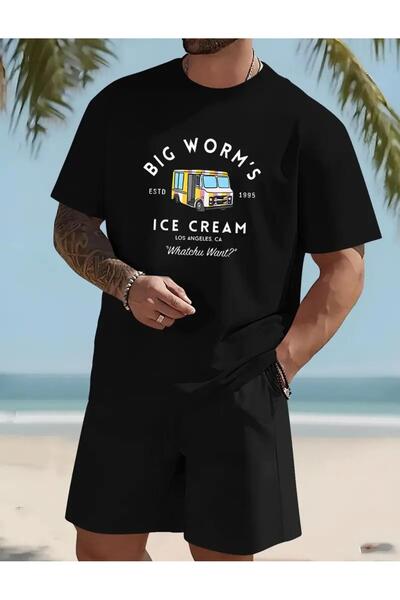 caddekombin طقم تي شيرت أسود مريح مطبوع عليه آيس كريم للرجال - ساق قصيرة وواسعة