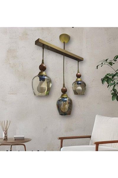 DEDE Honey Colored Glass Wood Antique - Triple Row Chandelier