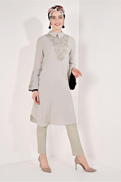 TRENDTESETTÜR Beige Embroidered Women's Tunic with Flounce Sleeves - t 71381