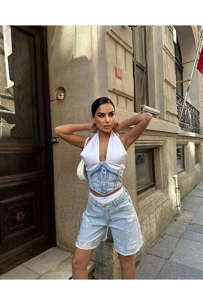 Özman Butik White Fabric Detailed Denim Crop