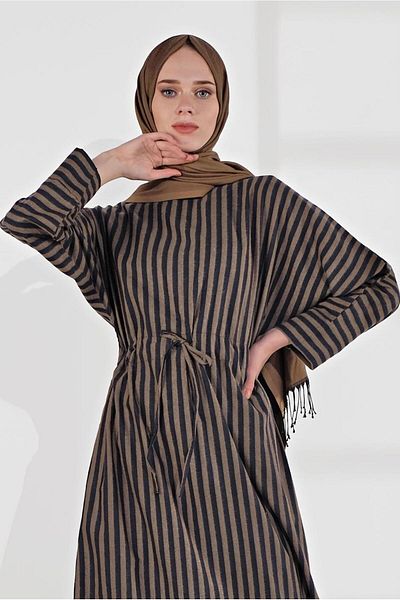 TRENDTESETTÜR Γυναικείο ριγέ φόρεμα με μινκ μέση 5904