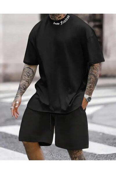 caddekombin طقم قصير مريح مطبوع باللون الأسود من Fearlaens - رقبة دائرية