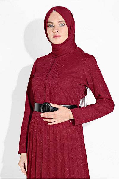 TRENDTESETTÜR Red Lurex Pleated Women's Dress - 8804