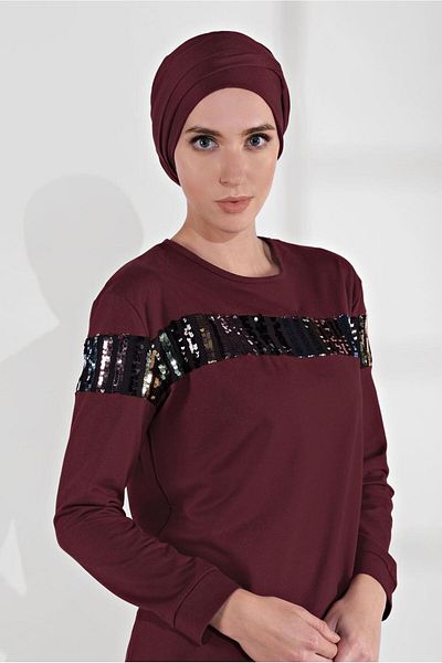 TRENDTESETTÜR Women's Plum Cotton Sequin Detailed Tracksuit Tunic 0302