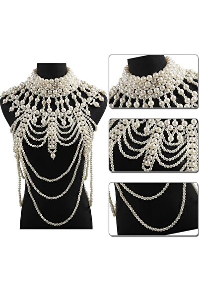 Yıldız Accessory Seksi İnci Şal Katmanlı Kabile Rüzgar Moda Takı Omuz Kolye Vücut Zinciri