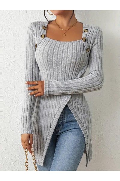 Kokosh moda Women's Long Sleeve Deep Square Neck Button Detail raised Camisole Double Breasted Blouse