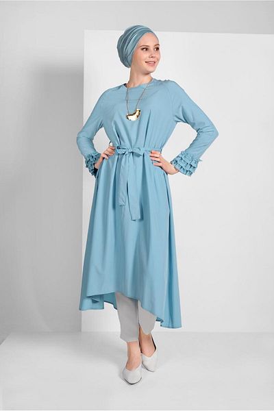 TRENDTESETTÜR Women's Blue (AQUA) Ruffle Sleeve Tunic 11715
