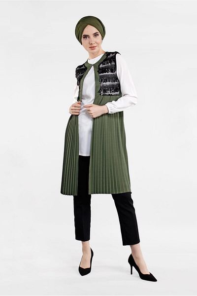 TRENDTESETTÜR Women's Khaki Sequin Detailed Pleated 2-Piece Vest Tunic 1243