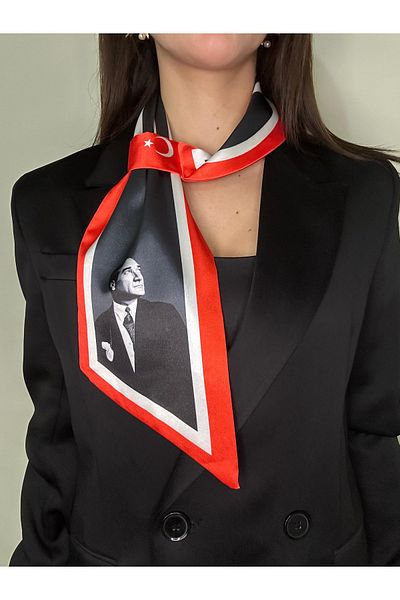 ElevaGlam Grey Patterned Tie Scarf with Ataturk Photo and Signature