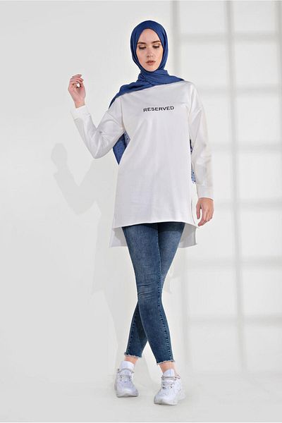 TRENDTESETTÜR Women's Cream Tunic - Cotton, Text Printed, Model 2300