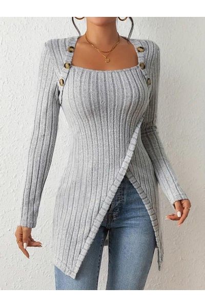 Kokosh moda Women's Long Sleeve Deep Square Neck Button Detail raised Camisole Double Breasted Blouse