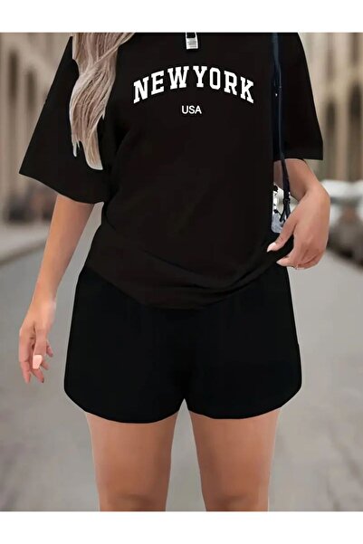 caddekombin تي شيرت نسائي قصير مطبوع عليه نيويورك بأرجل واسعة وقصة مريحة بالل...