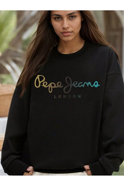 PALPİTO Women's Black Pepe London Printed Crew Neck Oversize Sweatshirt