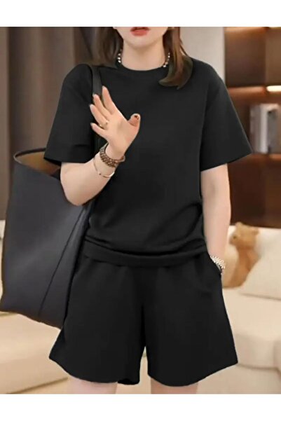 caddekombin Kadın T-shirt Short Bol Paça Rahat Kalıp Siyah Alt Siyah Üst Short Takım Bisiklet Yaka