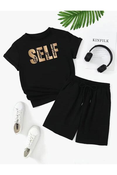 caddekombin تيشيرت نسائي أسود مطبوع - مقاس مريح، ساق فضفاضة، بدلة قصيرة