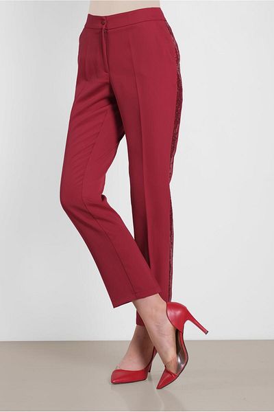 TRENDTESETTÜR Women's Red (Red) Sequin Stripe Detailed Trousers 7565