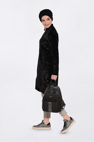 TRENDTESETTÜR Women's Black Judge Collar Zippered Velvet Tracksuit Tunik 4872