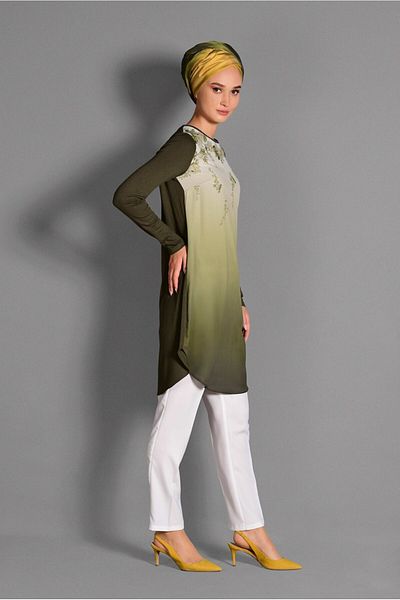 TRENDTESETTÜR Women's Khaki Print Detailed Crew Neck Tunic 4623