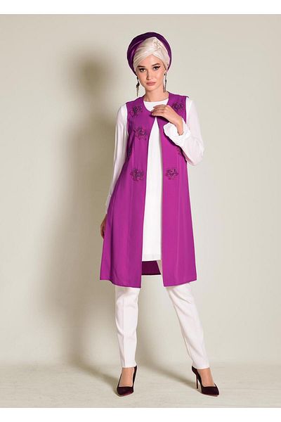 TRENDTESETTÜR Women's Purple (A.PURPLE) Embroidered Guipure Detailed 2-Piece Tunic 4278