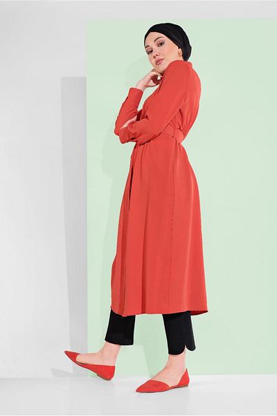 TRENDTESETTÜR Women's Orange (Orange) Cotton Hidden Button Pointed Neck Tunic 8466