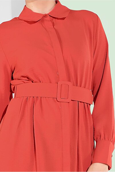 TRENDTESETTÜR Women's Orange (Orange) Cotton Hidden Button Pointed Neck Tunic 8466