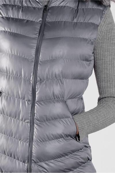 TRENDTESETTÜR Gray Fur Hooded Women's Inflatable Vest - K.Grey 673
