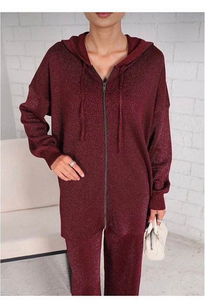 Melike Tatar Women's Burgundy Silvery Mercerized Knitwear Pants Cardigan Set