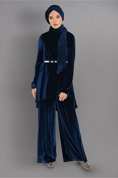 TRENDTESETTÜR Γυναικείο Navy Blue (INDIGO) Crew Neck Velvet Tunic 4867