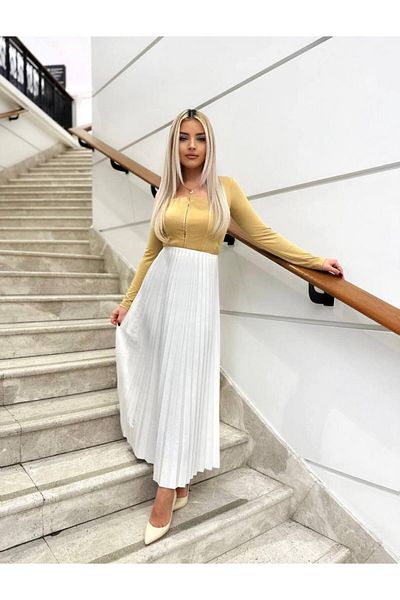 BLUSS Fusta maxi din țesătură plisată albă pentru femei - Noua definiție de eleganță
