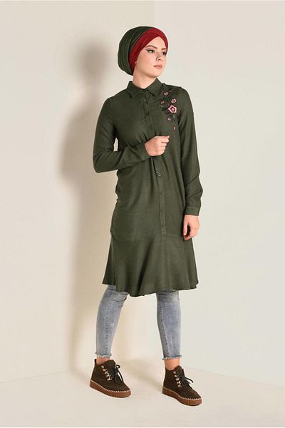 TRENDTESETTÜR Women's Khaki (A.KHAKI) Embroidered Detailed Buttoned Tunic 4737