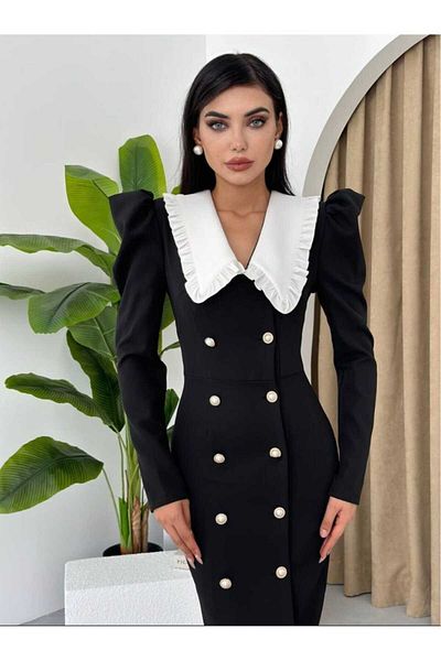 MODA DURAĞI Black Baby Collar Polka Dot Button Detail Premium Long Dress