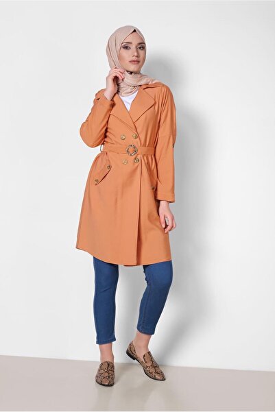 TRENDTESETTÜR Women's Orange (ORANGE) Buttoned Pocket Trench Coat 4057