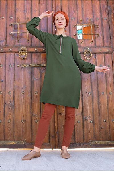 TRENDTESETTÜR Women's Tunic with Embroidered Sleeves in Khaki 4453
