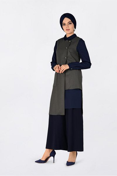 TRENDTESETTÜR Mink Indigo Tunic for Women - Asymmetrical Cut, Gingham Pattern, Set of 2 4756