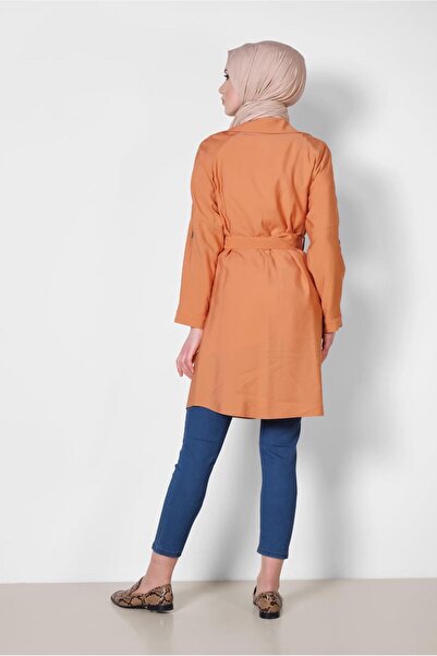TRENDTESETTÜR Women's Orange (ORANGE) Buttoned Pocket Trench Coat 4057