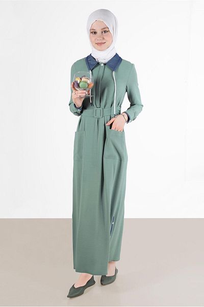 Alvina 41738 Model Buttoned Dress with Skirt and Belt