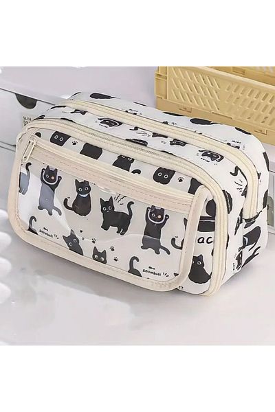 Kawai Black Cat Multi-Compartment Large Capacity Pen Holder