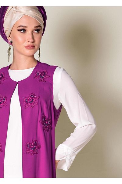 TRENDTESETTÜR Women's Purple (A.PURPLE) Embroidered Guipure Detailed 2-Piece Tunic 4278
