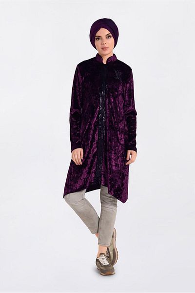 TRENDTESETTÜR Women's Plum Judge Collar Zippered Velvet Tracksuit Tunic 4872