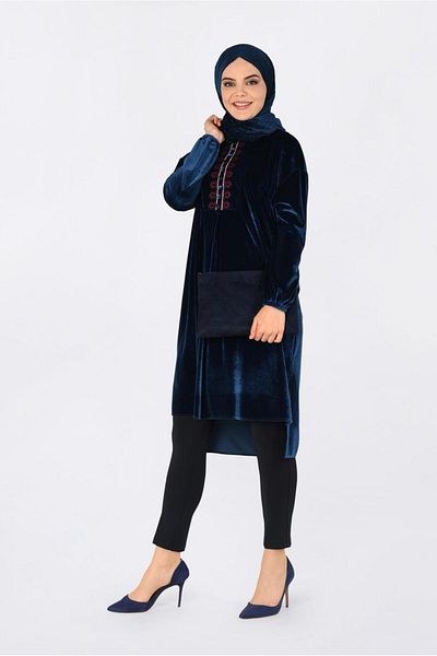 TRENDTESETTÜR Γυναικείο τουνίκ με κέντημα Navy Blue Velvet - 4794
