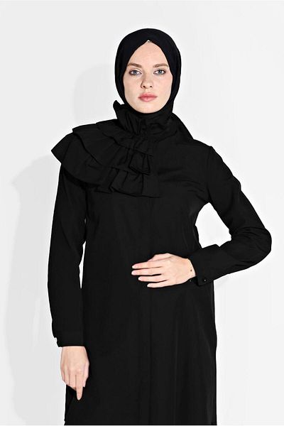 TRENDTESETTÜR Women's Black Collar Ruffle Detailed Tunic 4399