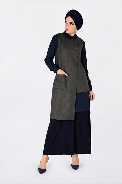 TRENDTESETTÜR Mink Indigo Tunic for Women - Asymmetrical Cut, Gingham Pattern, Set of 2 4756