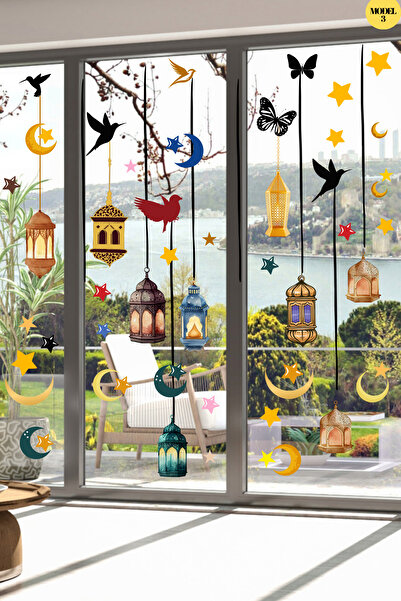 Dekals Hoş geldin Ramazan Etiketi Fener Sarkıt Cam Duvar Dekorasyon Sticker Seti Model-3