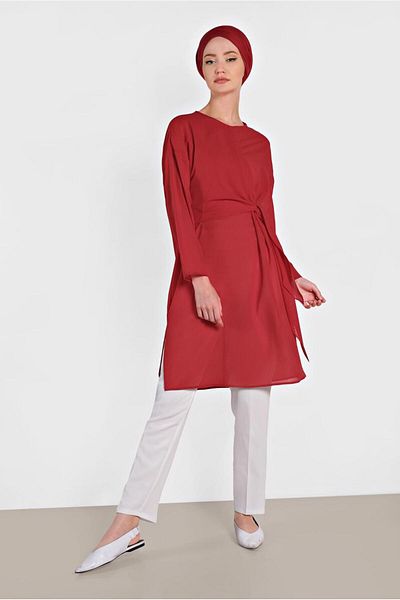 TRENDTESETTÜR Women's Red Lacing Detailed Tunic 4436