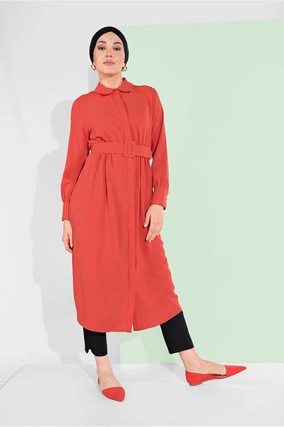 TRENDTESETTÜR Women's Orange (Orange) Cotton Hidden Button Pointed Neck Tunic 8466