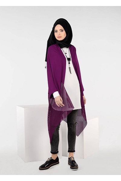 TRENDTESETTÜR Women's Purple (BEGONVİL) Mesh Detailed Asymmetric Cut Tunic 4854