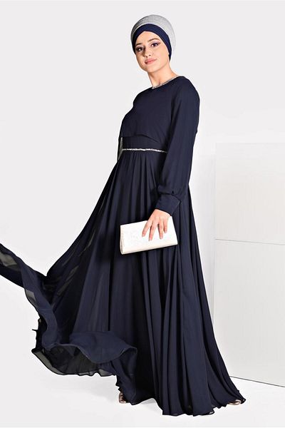 TRENDTESETTÜR Women's Navy Blue T 5323 New Multi Chiffon 2-Piece DressEvening Dress