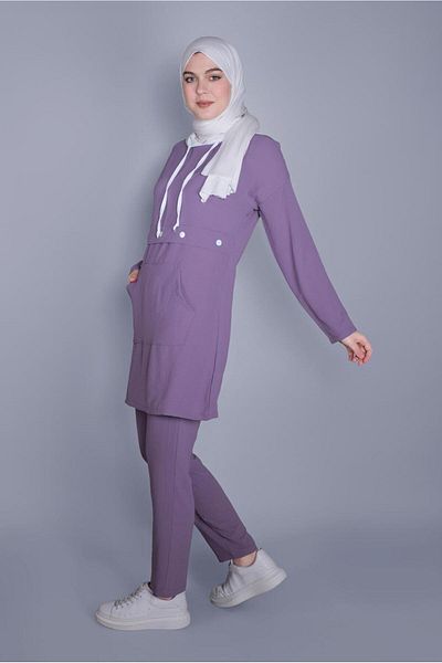 TRENDTESETTÜR Purple Lace-Up Hooded Women's Pants Set - A.Purple 9366